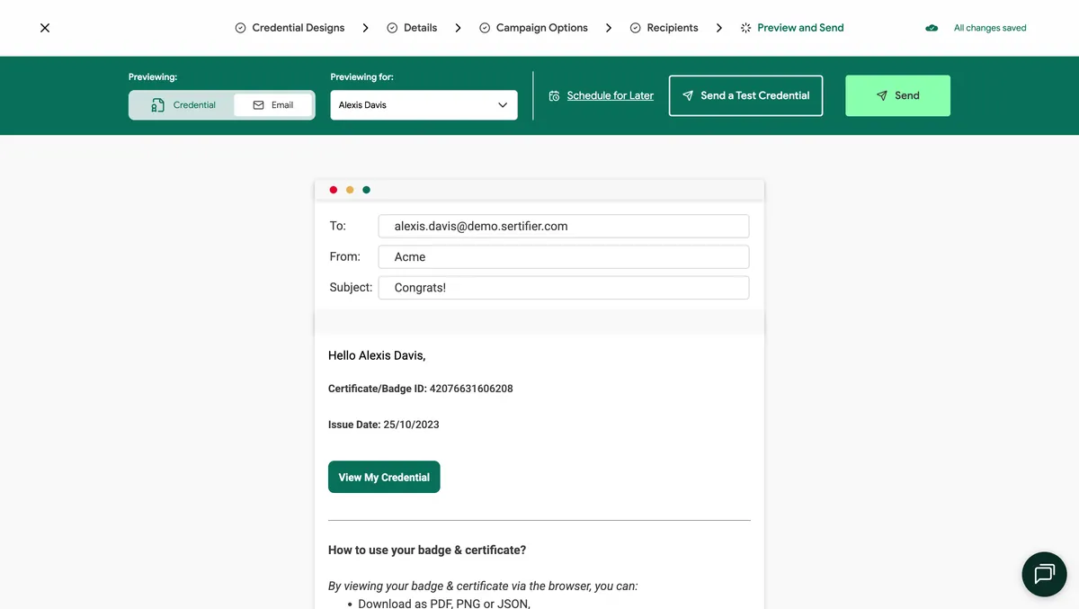 Sending credentials dashboard view