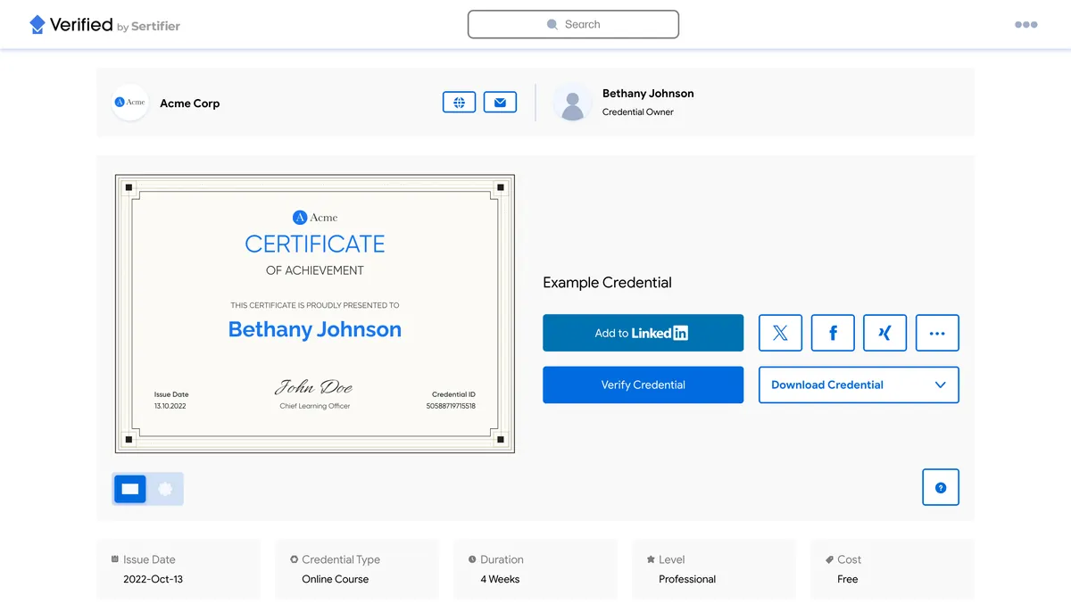 Social sharing options for credentials
